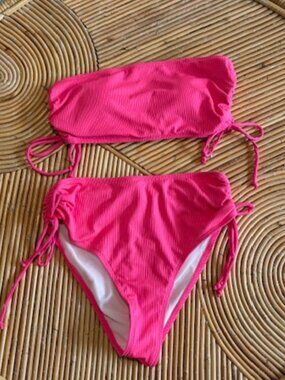 Two piece hi-waisted ribbed bandeau bikini